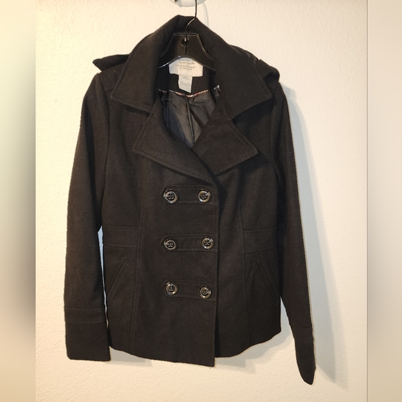 Women's Hooded Peacoat Size Large Black - Picture 1 of 6